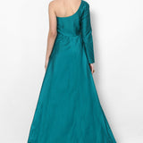 Teal Satin One-Shoulder Gown With Embroidered Waist Detail