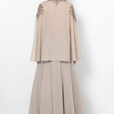 Beige Georgette Gown With Embroidered Cape Jacket