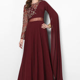 Maroon Georgette Gown With Embroidered Sleeve And Sheer Waist Panel