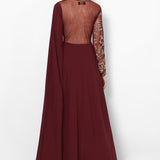 Maroon Georgette Gown With Embroidered Sleeve And Sheer Waist Panel