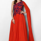 Radiant Orange Satin One Shoulder Gown With Purple Sequin Embroidered Bodice