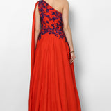 Radiant Orange Satin One Shoulder Gown With Purple Sequin Embroidered Bodice