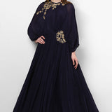 Navy Georgette Gown With Bishop Sleeves And Gold Embroidery