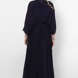 Navy Georgette Gown With Bishop Sleeves And Gold Embroidery