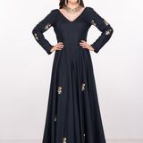 Charcoal Black Full Sleeve Gown With Scattered Motif Embroidery And Deep V Back