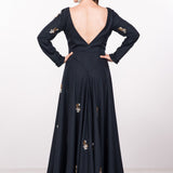 Charcoal Black Full Sleeve Gown With Scattered Motif Embroidery And Deep V Back