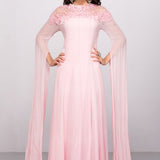 Baby Pink Georgette Gown With Dramatic Angel Sleeves And Floral Yoke