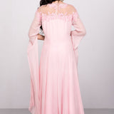 Baby Pink Georgette Gown With Dramatic Angel Sleeves And Floral Yoke