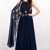 Navy Georgette Gown With Sheer Embroidered Cape Drape