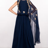 Navy Georgette Gown With Sheer Embroidered Cape Drape