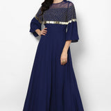 Navy Georgette Gown With Sequin Cape Overlay And Fringe Trim