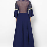 Navy Georgette Gown With Sequin Cape Overlay And Fringe Trim