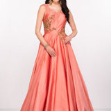 Peach Satin Gown With Gold Floral Beaded Bodice
