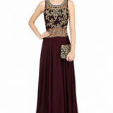 Wine Georgette Gown With Gold Damask Embroidered Bodice