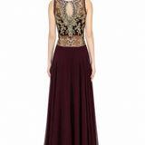Wine Georgette Gown With Gold Damask Embroidered Bodice