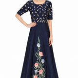Navy Silk Gown With Gold Dot Print And Hand-Painted Floral Panel