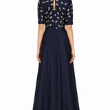 Navy Silk Gown With Gold Dot Print And Hand-Painted Floral Panel
