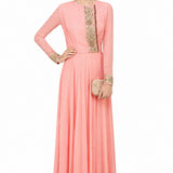Peach Georgette Gown With Gold Embroidered Front Panel