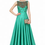Sea Green Satin Gown With Gold Beaded Bodice