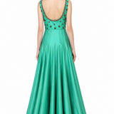 Sea Green Satin Gown With Gold Beaded Bodice