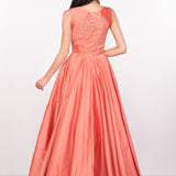 Peach Satin Gown With Gold Floral Beaded Bodice