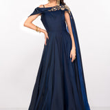 Navy Satin Gown With Gold Embroidered Off-Shoulder Cape