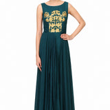 Teal Georgette Gown With Gold Floral Embroidered Bodice