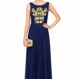 Navy Georgette Gown With Gold Floral Embroidered Bodice