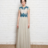 Sage Grey Gown With Teal Floral Lace Appliqué