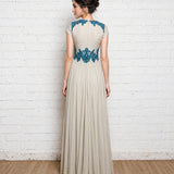Sage Grey Gown With Teal Floral Lace Appliqué