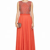 Coral Georgette Gown With Geometric Beaded Bodice