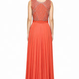 Coral Georgette Gown With Geometric Beaded Bodice