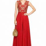 Red Georgette Front Open Anarkali With Gold Embroidered V Neck Bodice