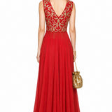 Red Georgette Front Open Anarkali With Gold Embroidered V Neck Bodice