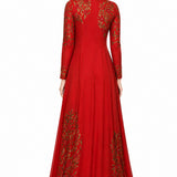 Red Georgette Front Open Anarkali Set With Gold Floral Embroidery And Layered Palazzo