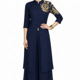 Navy Georgette Front Open Salwar Set With Gold Embroidered Shoulder And Flared Palazzo