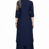 Navy Georgette Front Open Salwar Set With Gold Embroidered Shoulder And Flared Palazzo