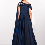 Navy Satin Gown With Gold Embroidered Off-Shoulder Cape