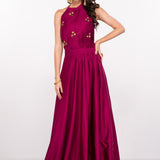 Magenta Satin Halter Gown With Pleated Bodice And Gold Button Detail