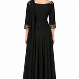 Black Georgette Gown With Off-Shoulder Gold Embroidered Neckline