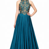 Teal Silk Gown With Gold Floral Embroidered High-Neck Bodice