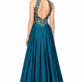 Teal Silk Gown With Gold Floral Embroidered High-Neck Bodice