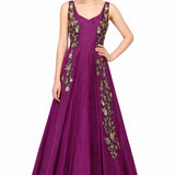 Magenta Silk Gown With Gold Floral Embroidered Front Panels