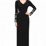 Black Georgette Fitted Prom Dress With Beaded Cuffs And Waist Cutouts
