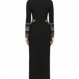 Black Georgette Fitted Prom Dress With Beaded Cuffs And Waist Cutouts