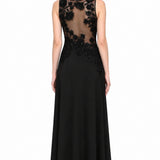 Black Crepe Column Gown With Sheer Floral Embroidered Yoke