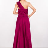 Magenta Satin Halter Gown With Pleated Bodice And Gold Button Detail