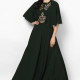 Bottle Green Georgette Gown With Cape Sleeves And Sheer Back