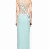 Mint Crepe Body Hugging Prom Dress With Silver Beaded Floral Neckline
