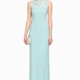 Mint Crepe Body Hugging Prom Dress With Silver Beaded Floral Neckline